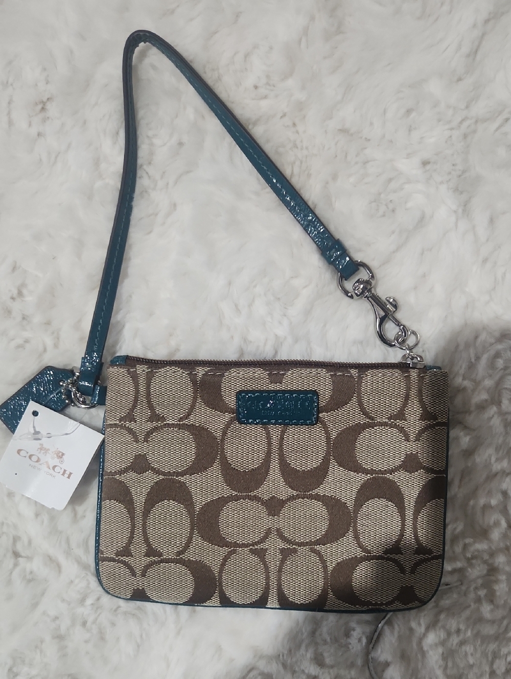 Coach Brown Signature Canvas Wristlet with Teal Patent Trim